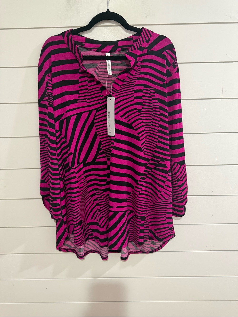 Scarlett Pink and Black Striped V-Neck Quarter Length Sleeve Top